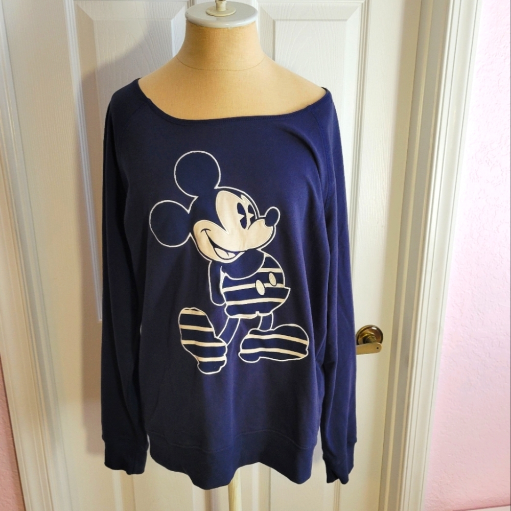 Mickey Mouse Disney Blue White Stripe‎ Sweatshirt Size L Shirt Vacation Cruise